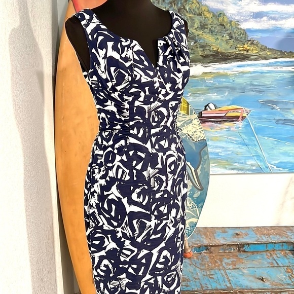 💙ADRIANNA PAPELL, Gorgeous Split Neck Watercolor Floral Sheath Dress, Like New - Picture 7 of 16